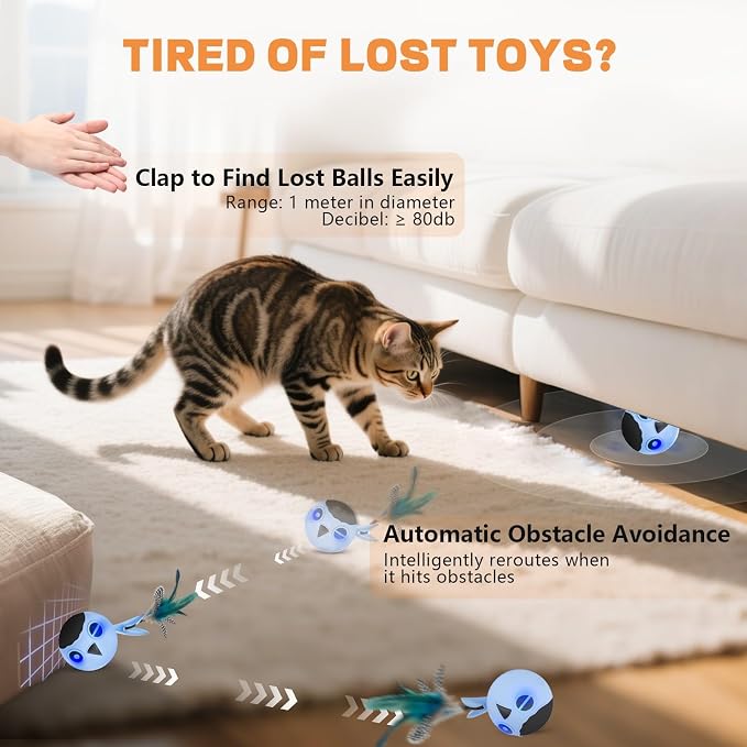 Cat Ball Toy, Upgraded Smart Motion Sensor Moving Ball with 3 Speed Modes & 4 Sounds, Interactive Toy for Indoor Cats, Motion Activated, Chirping Light, 2 Feather Tails(Blue) - Image 5