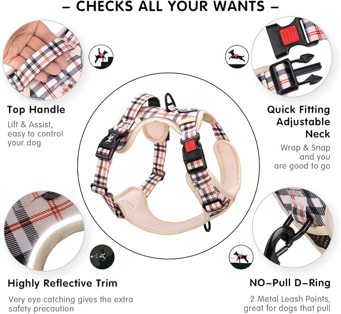 PoyPet Plaid Dog Harness Small, No Pull Vest with Front Clip & Neck Buckle | Padded Handle, Reflective, No Choke, Lockable, 2 Leash Rings, Full Adjustable, for Training Walking, S, Checkered Beige - Image 8