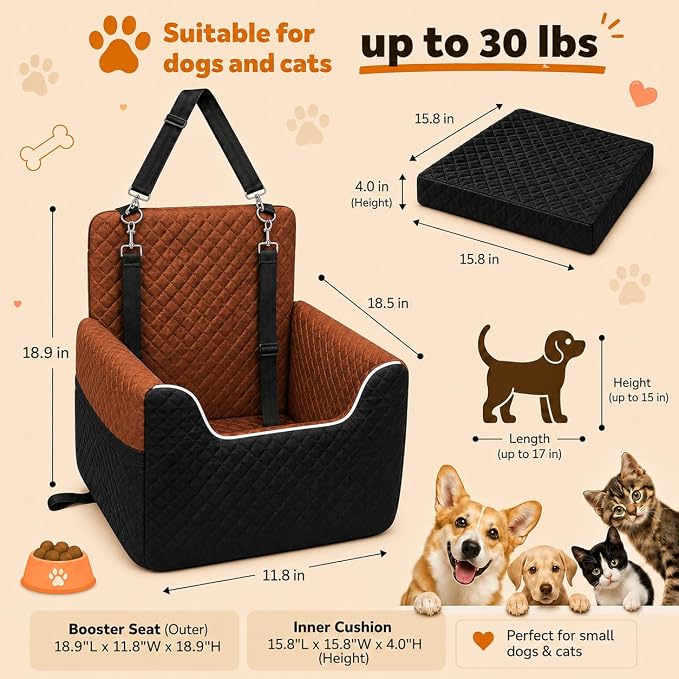 ALL GOOD PET SUPPLIES Dog Car Seat for Small/Medium Dogs Under 35lbs | Soft Memory Foam Booster Car Seat with Detachable Washable Cover and Elevated Cushion, Puppy Dog Car Bed - Image 3