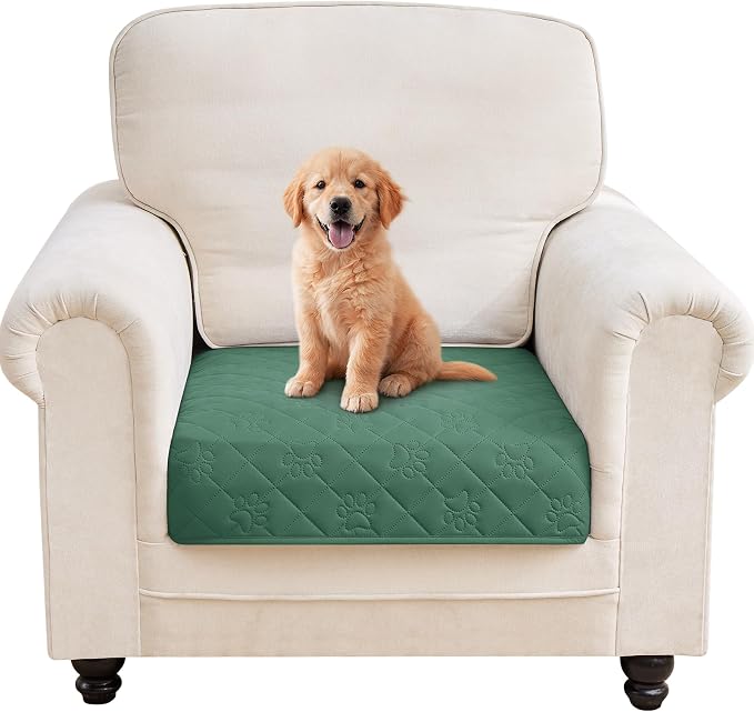 PAWFINITY Waterproof Arm Chair Covers for Dogs, Pet Blanket for Couch | Paw Print Quilted, Hair Resistant, Anti Cat Scratch, Washable Furniture Protector for Single Sofa Cushion, 30x30 Inch, Green by Pawfinity