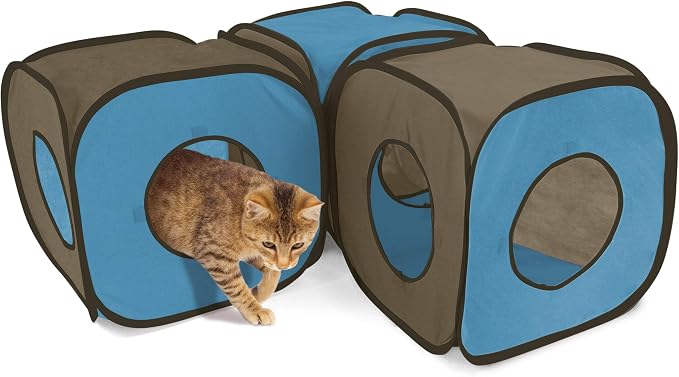 Kitty City Pop-Up Rolling Cat Cube & Tunnel Toy, Collapsible Indoor Cat Play Cube with Peekaboo Openings & Hanging Tassel, Lightweight Foldable Cat Furniture - Blue/Brown - Image 4
