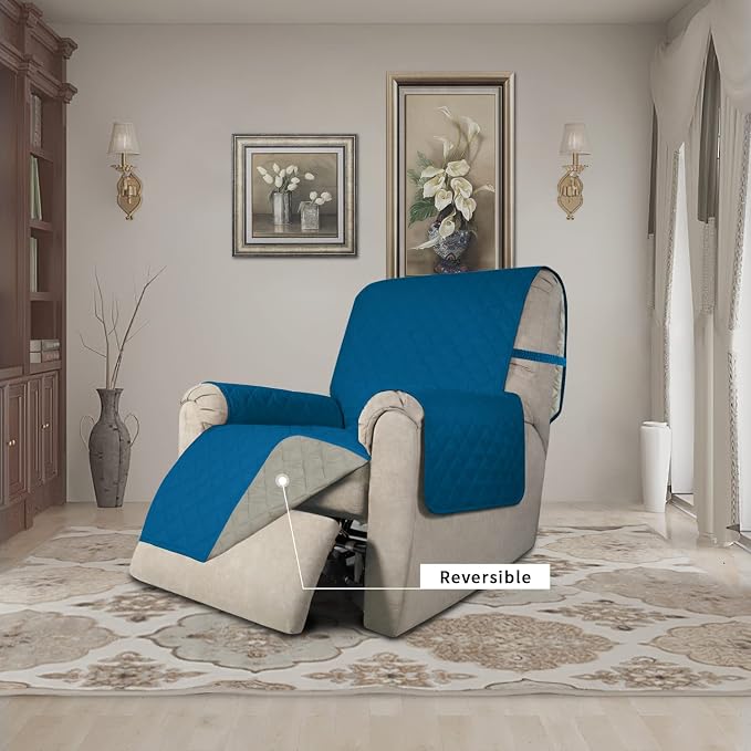Easy-Going Recliner Chair Slipcover Reversible Sofa Cover Water Resistant Couch Cover Furniture Protector with Elastic Straps for Pets Dog (Recliner 22 inch, Peacock Blue/Beige) | Machine Washable Slipcover For Dogs, Water Resistant Furniture Mat For L... - Image 2