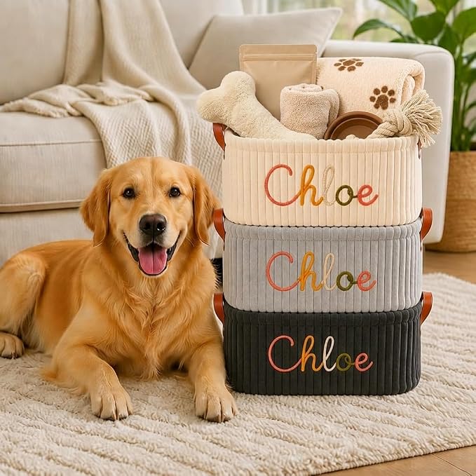Personalized Large Dog Toy Basket, Corduroy Dog Toy Bin Storage with Name | Custom Cat Toy Basket with Handles, Soft Puppy Toy Basket, Pet Supplies, Gift for Dog Lovers,4 Colors - Image 6