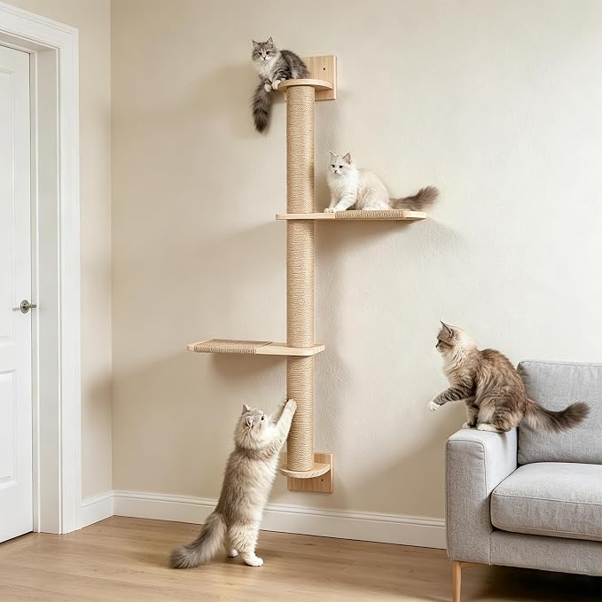 Tall Wall Cat Tree 47"‌, Wood Cat Wall Shelves Wall-Mounted Scratching Post | with Natural Jute Rope Adjustable Cat Tower for Indoor Cats (3-Tier Cat Tree, Natural Sisal Color) by Unknown