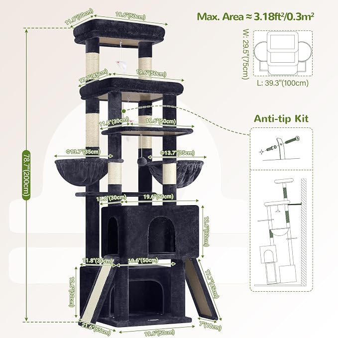 Globlazer Heavy Duty Cat Tree 78 inch Sturdy Cat Tower for 20lbs Large Adult Cats, Symmetrical Aesthetic Big Cat Tree with Extra Large Platform, 2 Scratching Boards, Z78, Dark Grey - Image 6