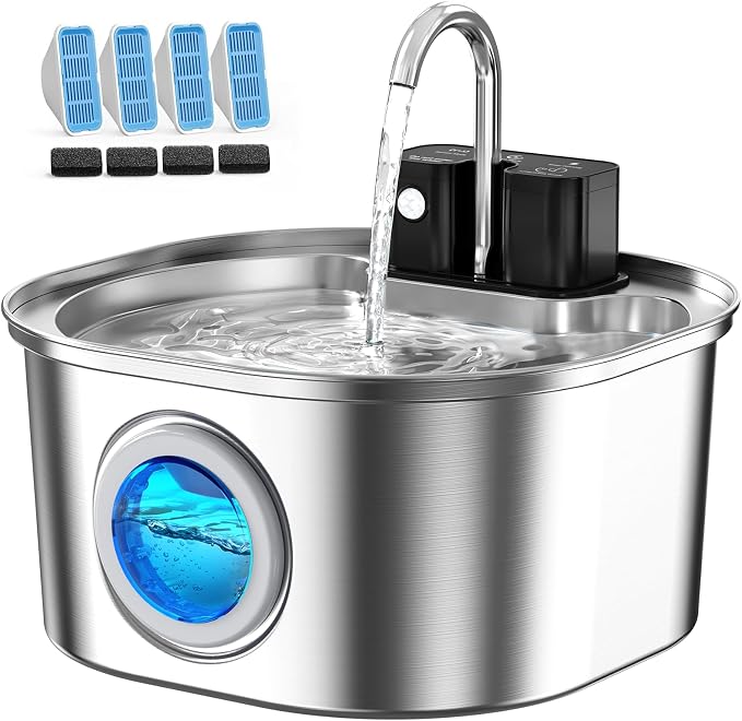 Voluas Stainless Steel Cat Water Fountain, Wireless, 108oz/3.2L, 4 Filter | Cordless Design, Ultra-Quiet Pump, Easy to Clean, BPA-Free by Voluas