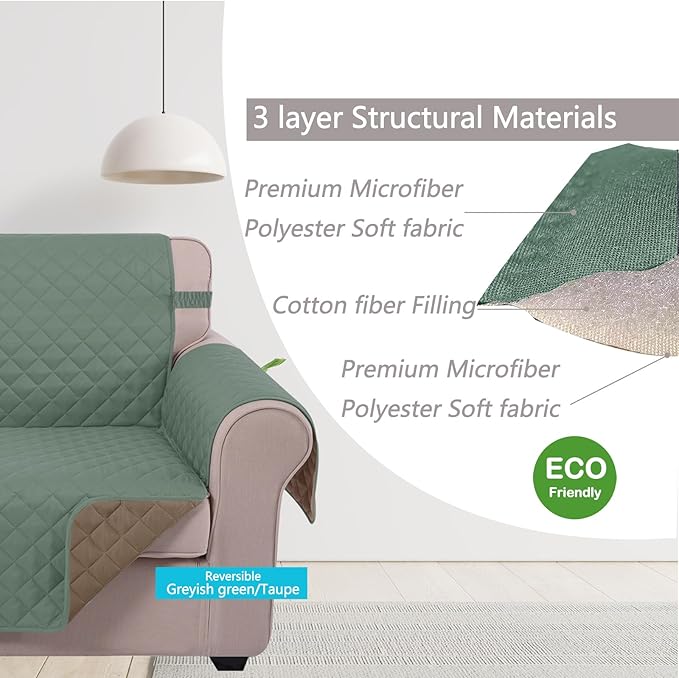 U-NICE HOME Reversible Couch Cover for Dogs, Greyish Green/Taupe | 68''Sofa Cover Washable, Pet Friendly, Elastic Straps, Water Repellent, Furniture Protector Mat for 3 Cushion Couch - Image 4