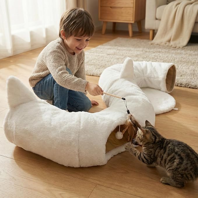 OurWarm Cat Tunnel Bed for Indoor Cats, Soft Plush Round Peekaboo Cat Bed Cave with Washable Cushion, Under Cristmas Tree Cat Donut Tunnel Toys for Kitten Rabbit Puppy (White) - Image 6