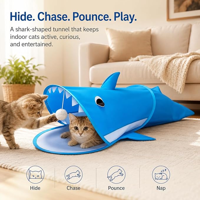 Blue Shark Cat Tunnel Toy, Collapsible Pop-Up Cat Play Tunnel with Interactive Hanging Ball & Storage Bag, Durable Polyester Interactive Cat Toy for Indoor Cats, Kittens - Image 2