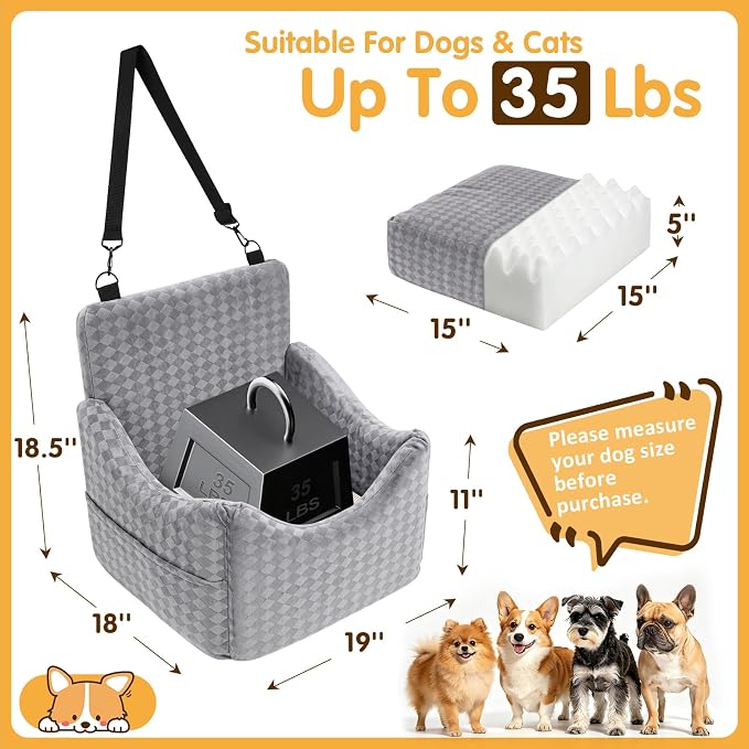 Topmart Dog Car Seat for Small Medium Dogs Under 35lbs, Cozy Pet Seat | Foam Safety Dog Booster Seat for Back Seat, Pet Bed for Car with Safety Tether, Storage Pockets, Machine Washable Cover, Grey - Image 6