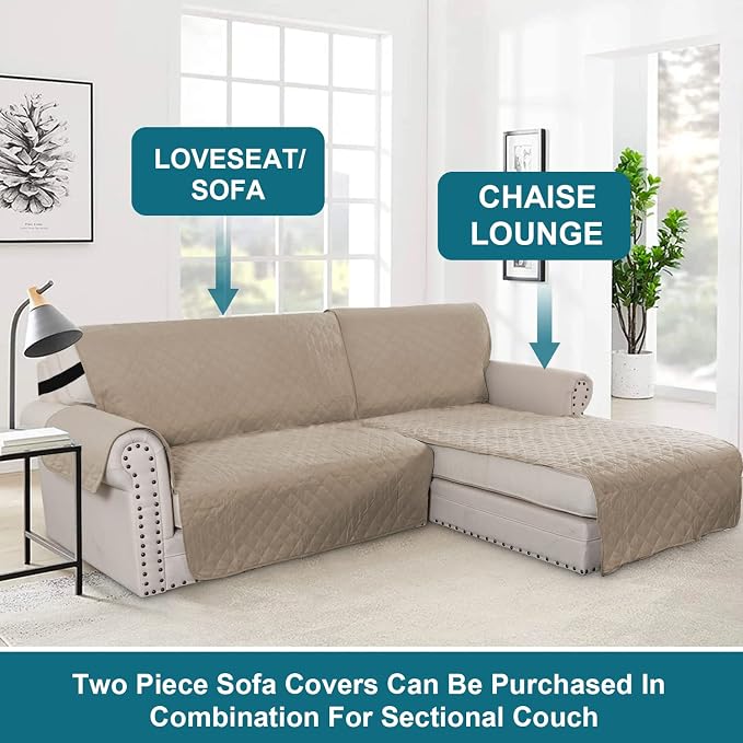 Turquoize 100% Waterproof Sofa Covers Chaise Lounge L Shape Sofa Protector Slip Cover Triple Non-Slip Sofa Slipcover for Sectional Couch Cover for Pets, Kids (Chaise, Khaki) - Image 5