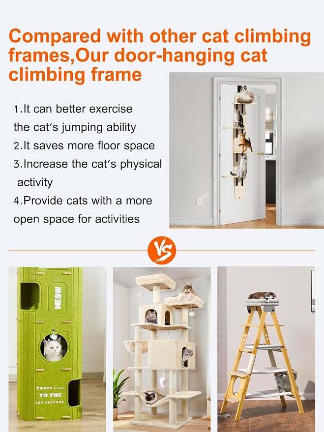 Door Hanging Cat Tree,Door Hanging Cat Shelf with Soft Mat | Wooden,4-Levels Over the Door Cat Climber for Indoor Cats,Save Space, Increase the Cat's Activity Level, Relieve Anxiety - Image 4