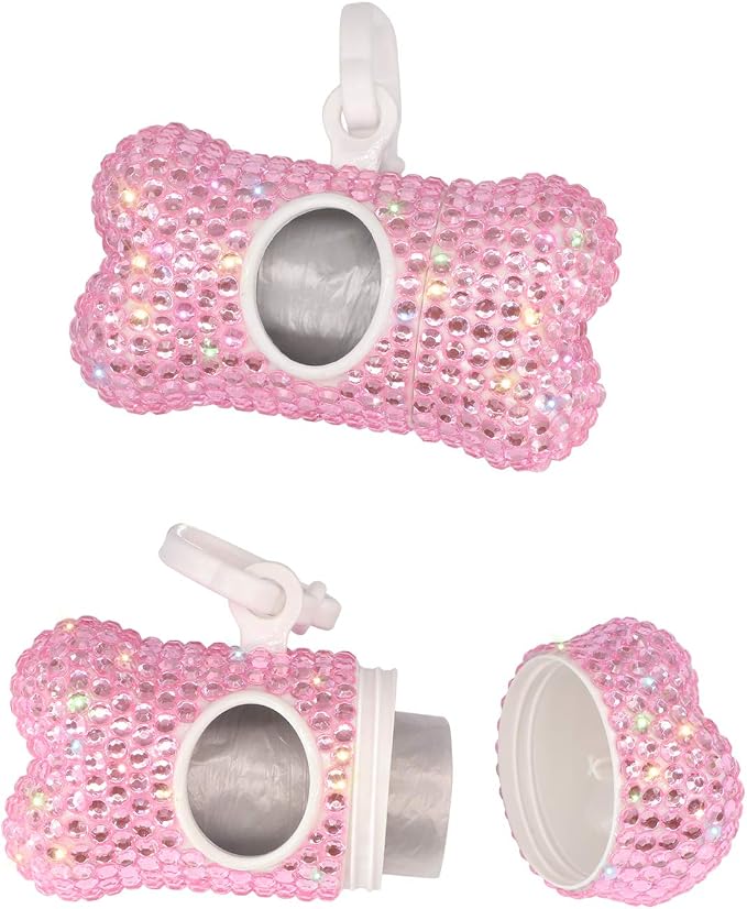 Soleebee Bling Crystal Bone Shaped Pet Waste Bag Dispenser with 1 Roll Waste Bags (Pink) - Image 4