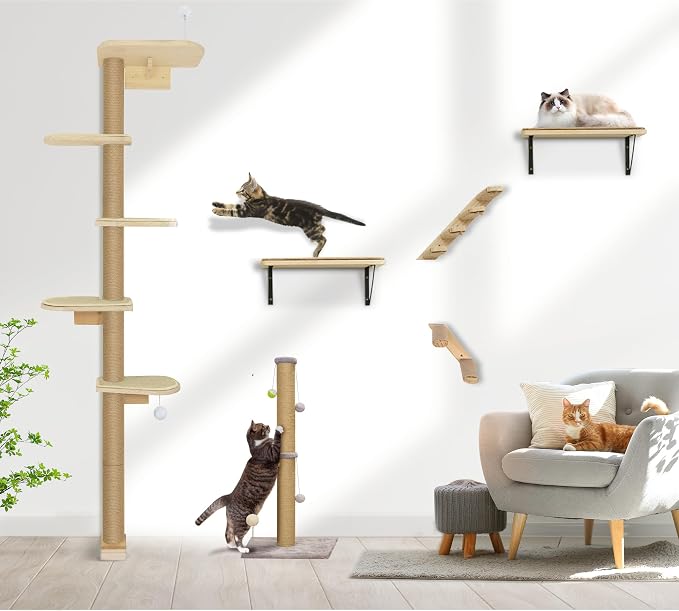 Wild Simulation Cat Tree for Kittens, 5-Level Floor to Ceiling Cat Wall Shelves with Sisal Mat Platforms, Rotating Wall-Mounted Climbing Tower for Scratch, Lookout & Perch - Image 7