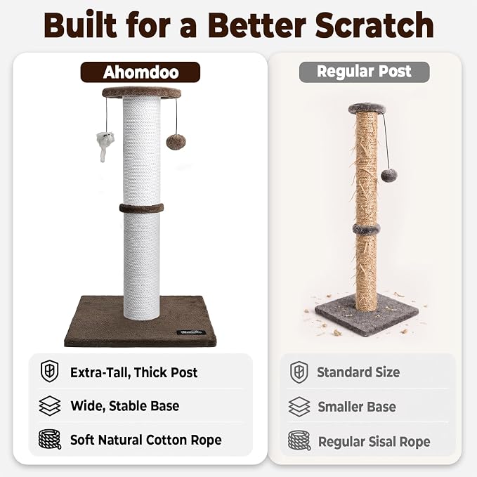 34-Inch Tall Cat Scratching Post for Large Cats, Stable Base, Brown | Heavy-Duty Cat Scratcher, Extra-Tall Thick Post, Soft Natural Cotton Rope, Hanging Interactive Cat Toys, Indoor Cat Furniture - Image 5