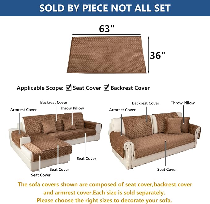Eismodra Couch Cover,Sectional Couch Covers,Sofa Covers for 3 Cushion Couch,Anti-Slip Sofa Slipcovers for Dogs Cats Kids Loveseat Recliner L Shaped Armrest Backrest,Brown 36''x63''(Only 1 Piece) - Image 5