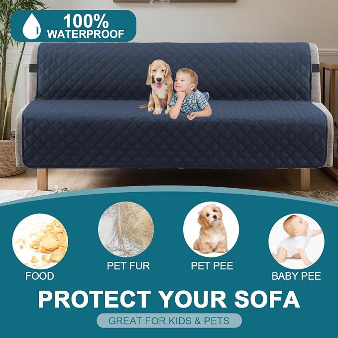 Turquoize 100% Waterproof Futon Cover Futon Slipcover Washable Armless Sofa Bed Slipcover Protector Seat Width Up to 70" with Adjustable Elastic Strap Anti-Slip for Dogs, Navy - Image 2