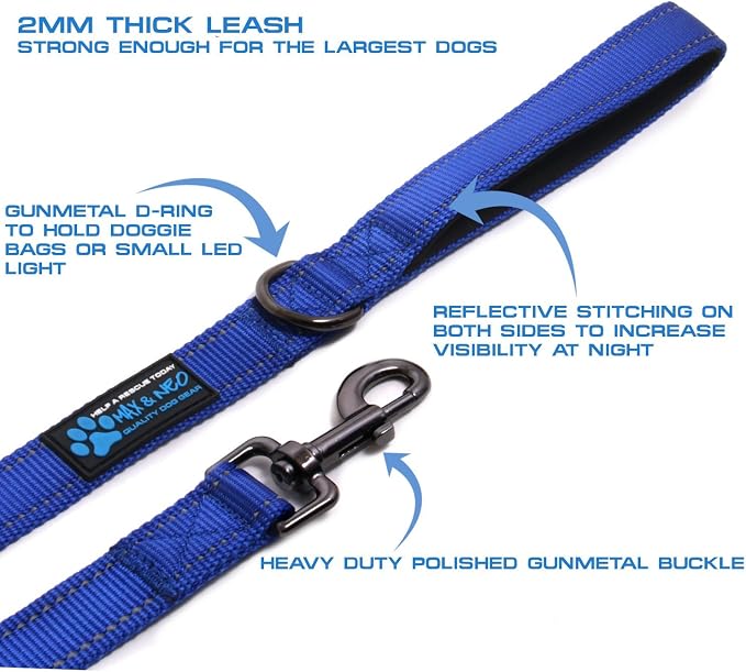 Max and Neo Reflective Nylon Dog Leash - 4 FT x 1 Inch Wide, Blue - Image 2