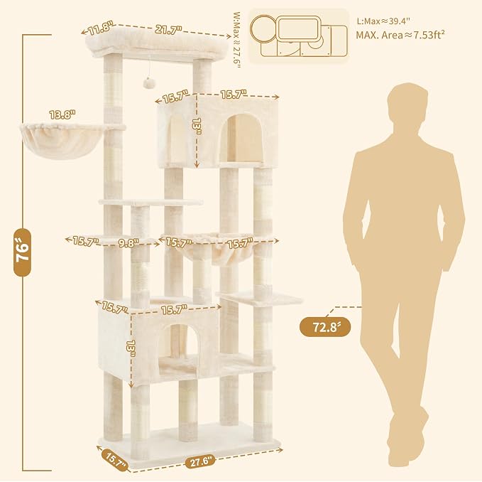 Heybly Cat Tree, 76-Inch Tall Heavy Duty Cat Tower for Big Cats HCT039M | Multi-Level Large Cat Furniture with Extra Wide Baseboard, 2 Condos & 2 Hammocks, 10 Scratching Posts, Beige - Image 2