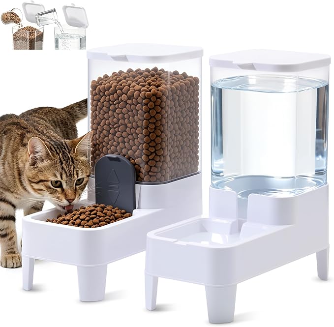 Automatic Cat Feeder and Water Dispenser Set, Top Fill Water&Food Gravity Feeder with Bowl,Easy to Hand-Washable,Elevated Base Design,Suitable for Small&Medium Cat and Dog(4L,White) by Unknown