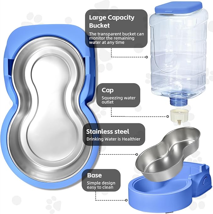 HWONMTE Portable Automatic Cat Feeder and Water Dispenser with Stainless Steel Bowl Dog Gravity Food Feeder and Waterer for Small Medium Pets Puppy Kitten 1 Gallon x 2 (Sapphire Blue) - Image 3
