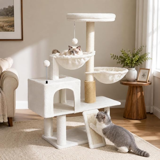 Smouatou Cat Tree with Cat Condo and Two Hammocks, Cat Tower with Scratching Posts and Scratching Pads Cat Toys, Beige - Image 5