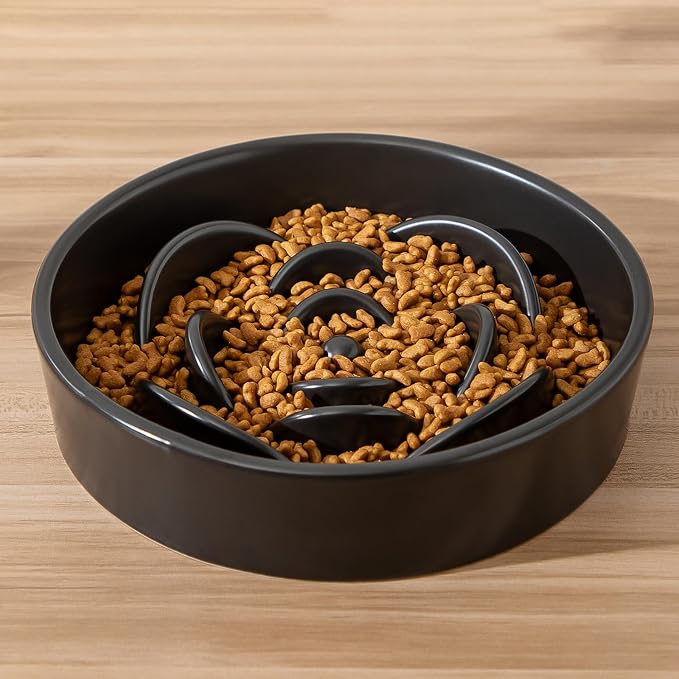 8.25'' Ceramic Slow Feeder Dog Bowls - Petal Shape Modern Dog Food Dish for Medium and Large Breeds, Puzzle Maze Bowl to Slow Down Eating, Anti-Gulping, Dishwasher & Microwave Safe, Black - Image 7
