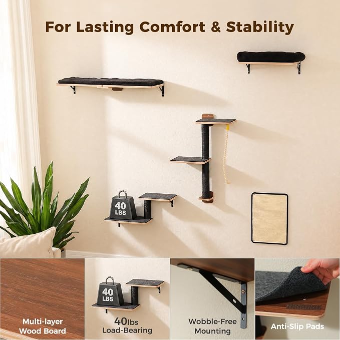 PAWZ Road Cat Wall Shelves, Modern Cat Wall Furniture with Sisal Posts | 5-in-1 wall mounted cat tree ,wood cat shelves with long perch,cat wall climber holds up to 40lbs for large indoor cats - Image 6