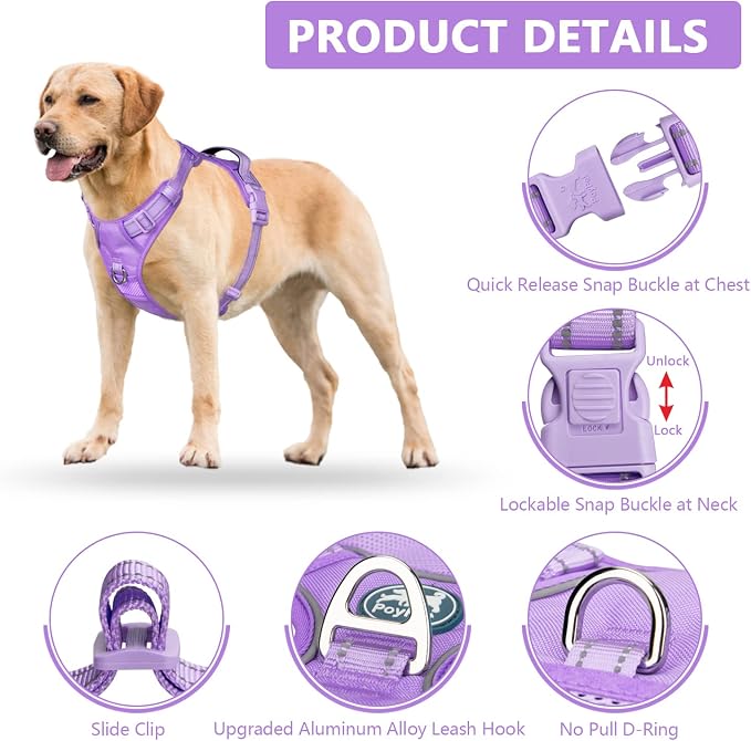 PoyPet No Pull Dog Harness, Reflective Vest with 2 Leash Clips & Handle | Lockable Neck Release Buckle, No Choke, Adjustable, Soft Padded, for Walking Training, Light Purple Matching Trim, Large - Image 4