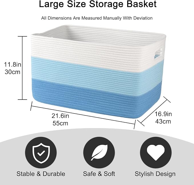 OIAHOMY Blanket Basket Laundry Basket Dog Toy Basket 75L Light Blue | Large Storage Basket,Baby Basket,Toy Storage,Woven Rope Basket for Blankets,Blanket Storage for Living Room - Image 3