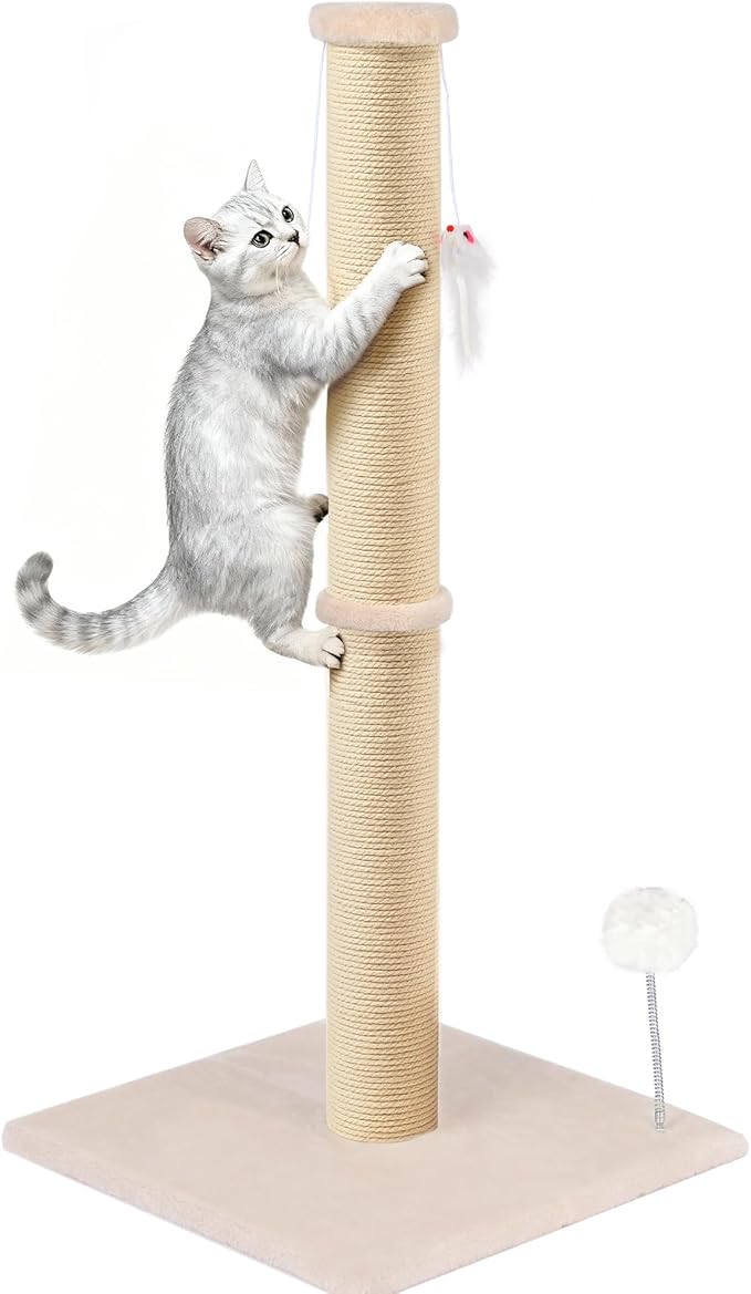 36 Inch Tall Cat Sisal Scratching Post for Indoor Cats, Beige | Natural Sisal, Sturdy Base, Interactive Toys, Full Stretch, For Kittens and Adult Cats by PELUOMOZ