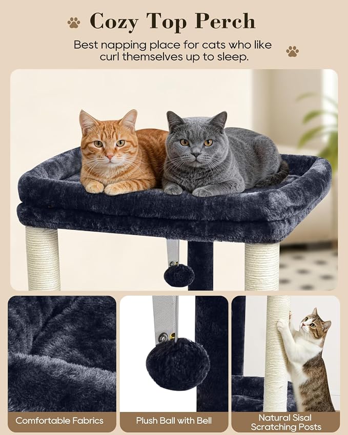 SYANDLVY Small Cat Tree for Indoor Cats with 2 Levels Perch Platforms | Natural Sisal Scratching Post Tower with Hanging Bell Ball & Anti-Tip Strap, Stable Cat Perch Furniture for Kittens, Smoky - Image 4