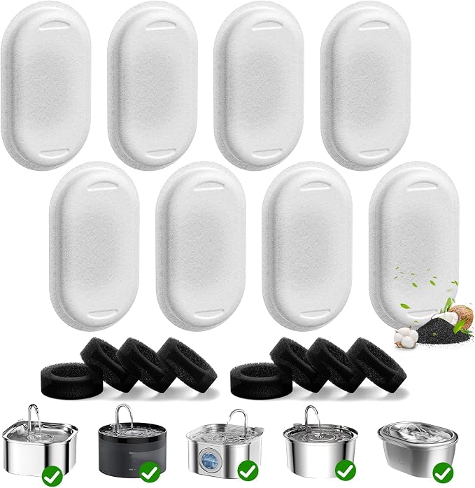 16 Pack Cat Water Fountain Filters for Stainless Steel Pet Water Dispenser | 108/3.2L& 67oz/2L& 4L/135oz Cat/Dog Fountain Filter Replacement(8 Filters & 8 Sponges) by Beckacher