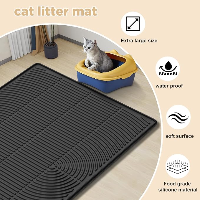 AMOK Cat Litter Mat, Extra Large Silicone Litter Box Mat 40" x 28", Waterproof Litter Trapping Mat for Cats, Durable and Easy to Clean, Black - Image 4