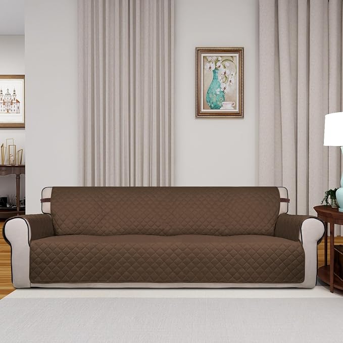 PureFit Reversible Quilted Couch Covers for Dogs Sofa Cover 4 Seater 88" | Coffee/Ivory, Water Resistant Couch Protector, Washable Pet Couch Cover with Non Slip and Elastic Straps For Kids - Image 2