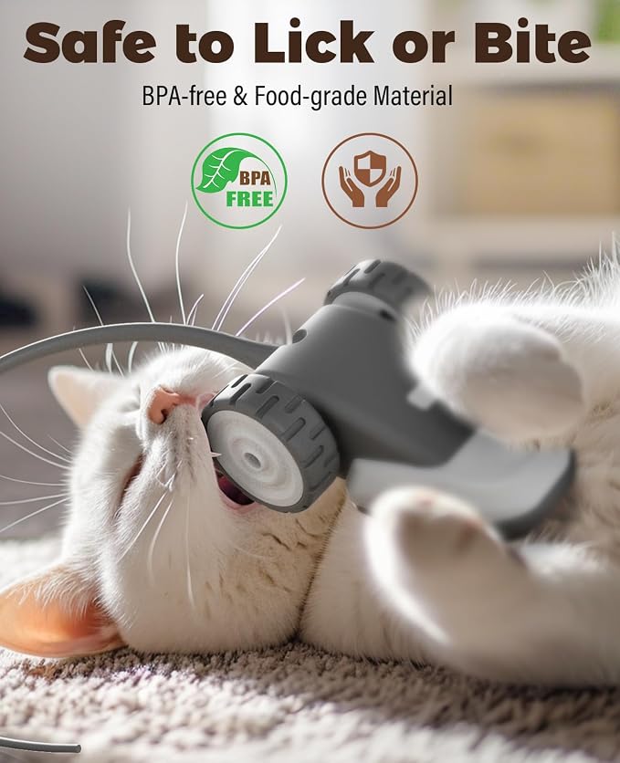 CYROS 3-in-1 Interactive Cat Toy - 2-Speed Automatic Moving Mouse Cat Toys Self Play with 2pcs Hanging Feather String Ribbon and Wiggly Silicone Mice Tail for Bored Indoor Adult Cats Kittens - Image 7