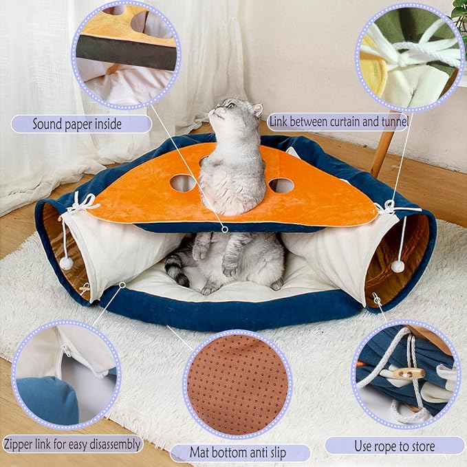 LEFTSTARER 2-in-1 Collapsible Cat Tunnel for Indoor Bed and Hideout - Pet Dog Rabbit Bunny Ferret Tunnel Tubes Toys with Removable Washable Mat, Tower Wheel Stuff - Image 4