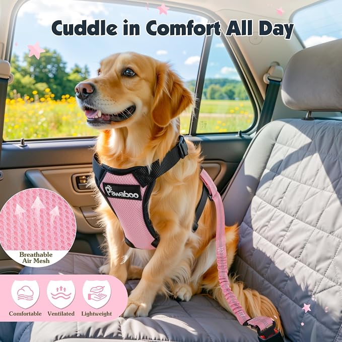 Pawaboo Dog Seat Belt Harness for Car, Seatbelt Harness with 2 in 1 Buckle | Adjustable Breathable Harness for Car, Elastic Reflective Heavy Duty Dog Tether, for Small Medium Large Pets, M, Pink - Image 6