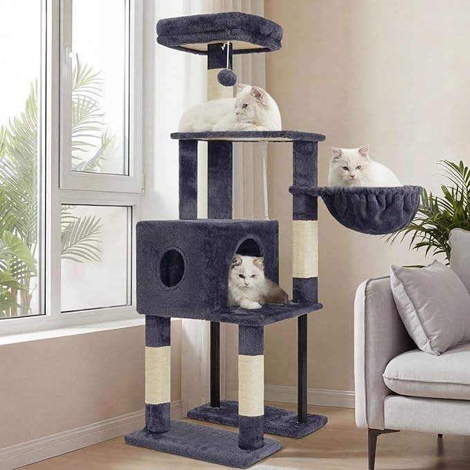 Heybly Cat Tree with Toy, 49.2 inch Cat Tower for Indoor Cats HCT200SG | Spacious Cat House Condo with Hidden Space，Soft Plush Top Perch，Cozy Hammock and Sisal Scratching Posts, Smoky Gray by HEYBLY