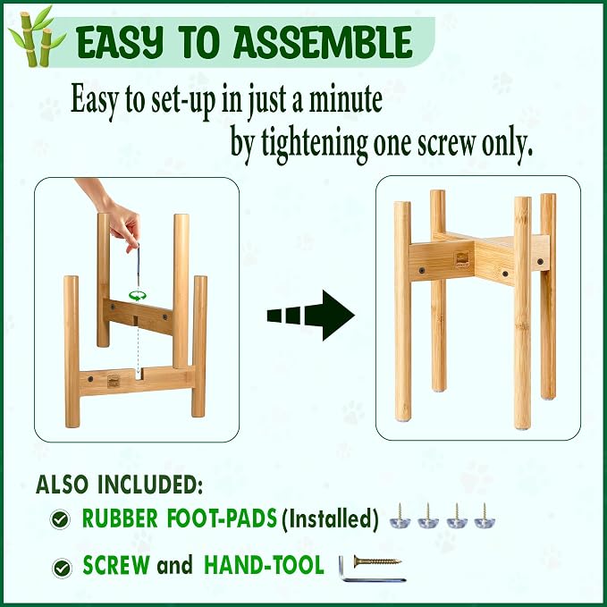 Dog Bowl Stand for Large Dogs - Adjustable, Easy Fold-Down | Use to Elevate Raise Dog Food, Water and Slow Feeder Bowls, Lock-Bolts and Tool Added, Foot-Padded, Bamboo Stand Only - Image 4