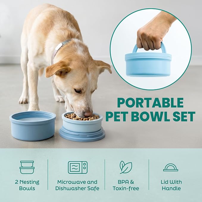 Dog Travel Bowls - Set of 2 Portable Pet Food & Water Dishes with Lid & Handle - Each Nesting Container Includes a Non-Slip Silicone Base - Microwave & Dishwasher Safe - BPA & Toxin-Free - Image 2