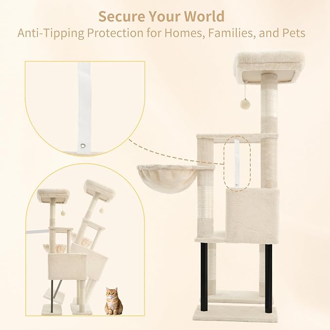 Heybly Cat Tree with Toy, 49.2 inch Cat Tower for Indoor Cats HCT200SM | Spacious Cat House Condo with Hidden Space，Soft Plush Top Perch，Cozy Hammock and Sisal Scratching Posts, Beige - Image 6