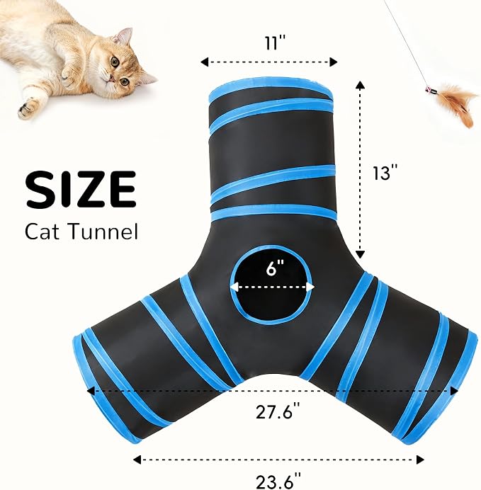 Tempcore Cat Tunnel for Indoor Cats, 3 Way Collapsible Pet Play Tunnel with Teaser Wand, Peek Holes & Hanging Ball, Interactive Tube for Kittens & Rabbits, Black & Royal Blue - Image 2