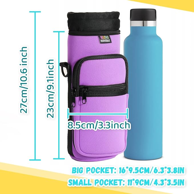 Nuovoware Water Bottle Carrier Bag, 25oz/32oz Bottle Pouch Holder, Adjustable Shoulder Hand Strap 2 Pocket Sling Neoprene Sleeve Sports Water Bottle Bag for Men Women Hiking Travel, Taro Purple | Adjustable Shoulder Hand Strap, 2 Pocket, Neoprene Sleev... - Image 3