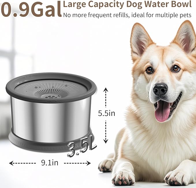 3.5L Dog Water Bowl No Spill 118oz Stainless Steel Water Bowl for Dogs No Splash Slow Water Feeder with Anti-Slip Mat for Messy Drinkers 3.5L+2 Filters - Image 2