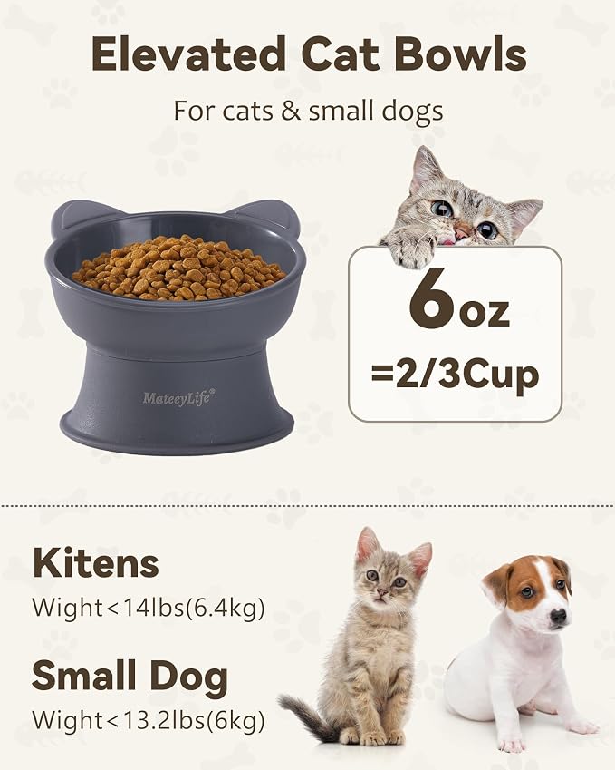 MateeyLife Raised Cat Bowls, Cat Food Bowl Elevated for Kittens & Small Dogs, 15°Tilted Protect Pets' Neck and Anti Vomiting, Whisker Friendly Food & Water Feeding Bowl, 6 oz Each - Gray - Image 6