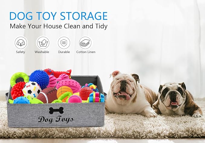 Morezi Linen-cotton blend dog toy basket and dog toy box, dog toy basket storage - Perfect for organizing pet toys, blankets, leashes, chew toys - Snow Grey - Dog - Image 2