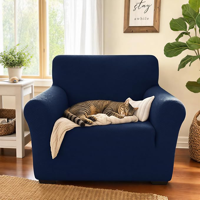 XINEAGE Stretch Jacquard Armchair Cover, Non Slip Sofa Slipcover for Dog | High-Stretch Fabric. Wear-Resistant, Pet Friendly. Easy Install & Washable for Living Rooms, Offices.Navy Blue - Image 3