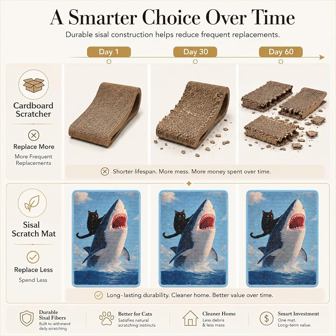 Art Sisal Cat Scratcher Mat, Cat Wall Scratchers for Indoor Cats | Wall Mounted Cat Scratcher, Natural Sisal, No-Drill Hook & Loop Setup, Floor or Wall Use, 23.6 x 15.7 Inch, Shark - Image 4
