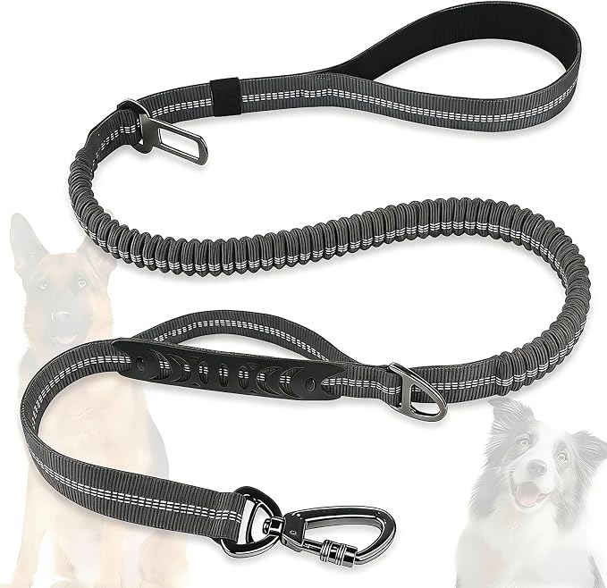 Dog Leash Heavy Duty, Bungee Leash Reflective Car Seat Belt for L Dogs Grey | 4-6FT Strong Shock Absorbing Tactical with 2 Padded Handles, Dog Tug Lead for Large XL Dogs Walking Running Training by Misthis